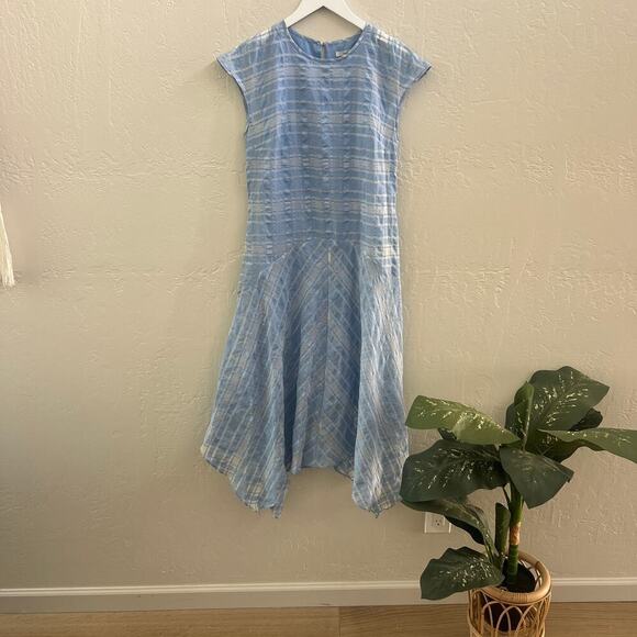 Lewit $368 Sheer Check Handkerchief Hem Midi Dress Blue - Picture 3 of 5